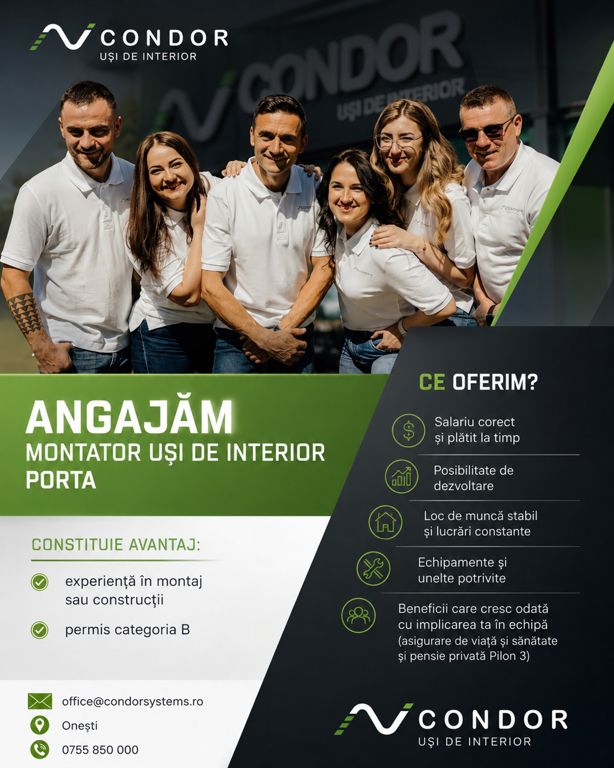 ANGAJĂM MONTATOR UȘI DE INTERIOR PORTA & MONTATOR TÂMPLĂRIE PVC ȘI ALUMINIU · foto 1 din 1