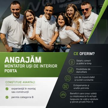 Imagine pentru ANGAJĂM MONTATOR UȘI DE INTERIOR PORTA & MONTATOR TÂMPLĂRIE PVC ȘI ALUMINIU